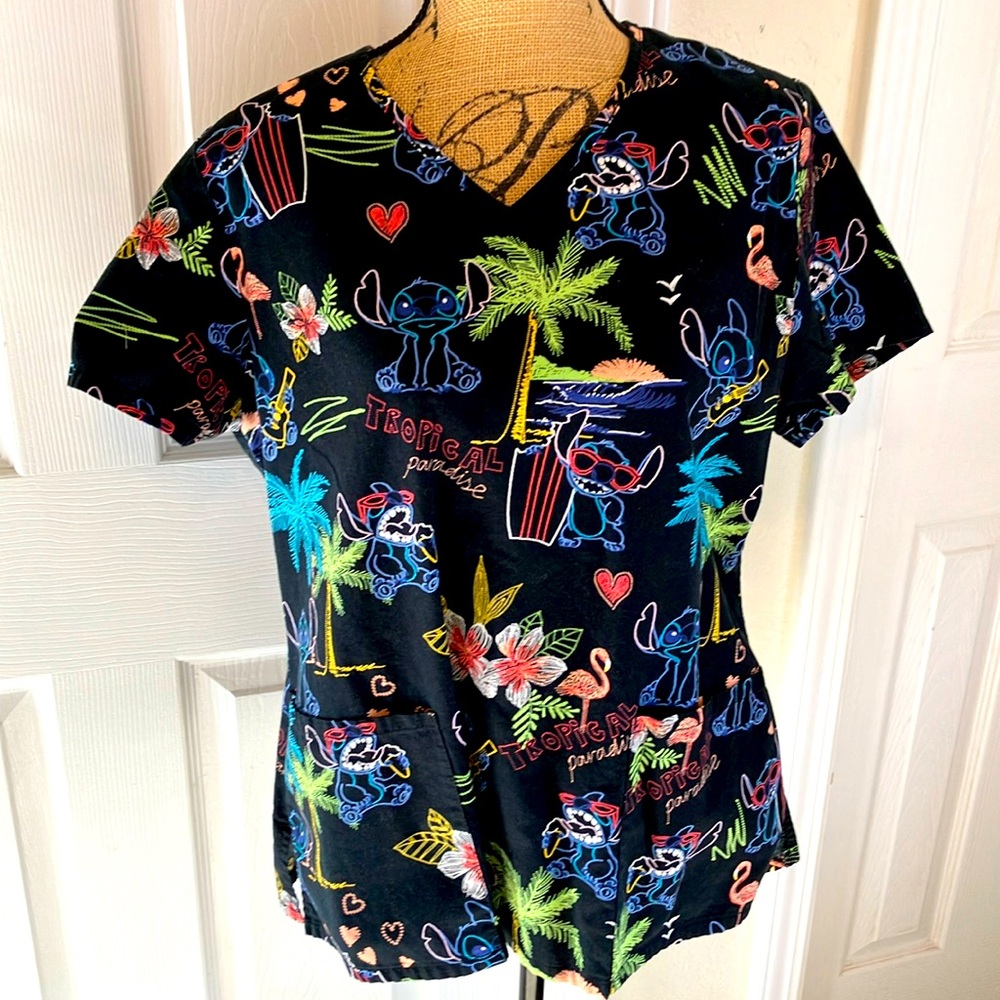 Disney Lilo and Stitch Tropical Paradise Cotton Scrub Top Womens L Hawaii